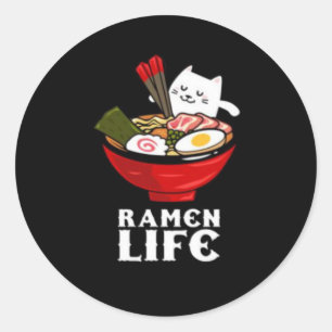 Ramen Life Kat Eet op Unisex Poly Katoen Ronde Sticker