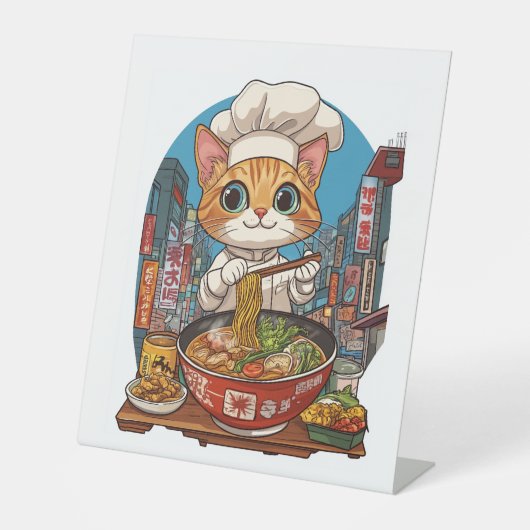 Ramen Neko � Grappige Kat Chef Anime Eten Reclamebord Met Voetstuk (Voorkant)
