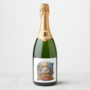 Ramen Neko � Grappige Kat Chef Anime Voedsel Sparkling Wijnetiket