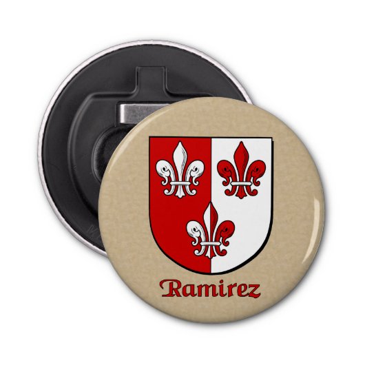 Ramirez Heraldic Arms op perkament stijl terug Button Flesopener (Voorkant)