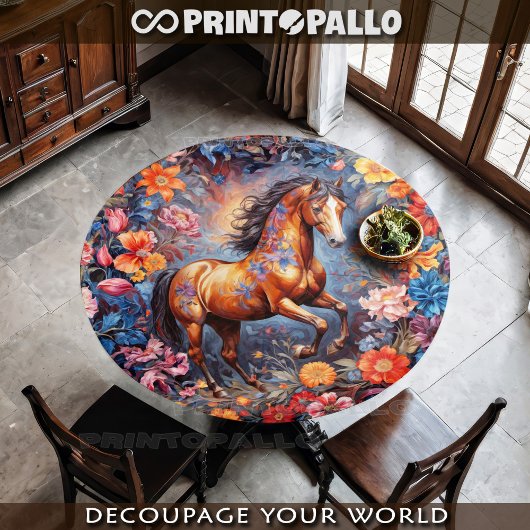 Rampant bruin veulen in bloemen tissuepapier