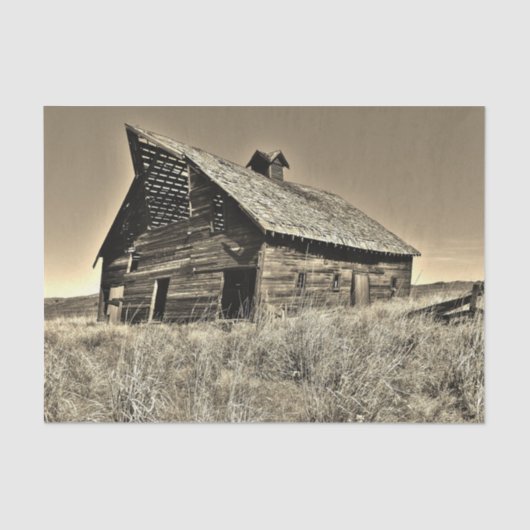 Ramshackle Sepia Barn in een desolate Grass Field Tissuepapier (Voorkant)