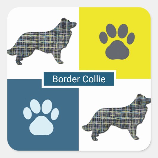 Rand Collie Dog & Paw Y&B Grid Square Sticker (Voorkant)