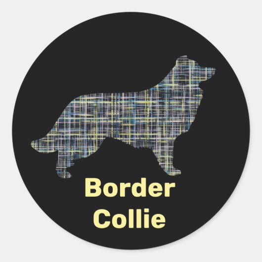 Rand Collie Dog Yellow & Black Grid Line Ronde Sticker (Voorkant)