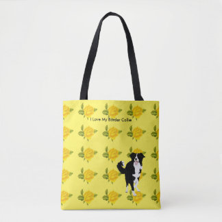 Rand collie en gele rozen tote bag