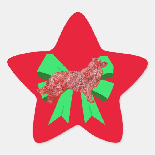Rand Collie Red Dog & Green Bow Kerstmis Ster Sticker (Voorkant)