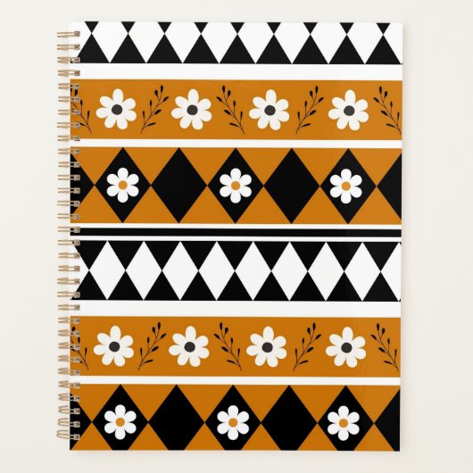 Rand Streep Bloem Diamant Boho Bloemen Patroon Planner (Voorkant)