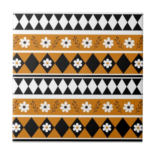 Rand Streep Bloem Diamant Boho Bloemen Patroon Tegeltje (Voorkant)