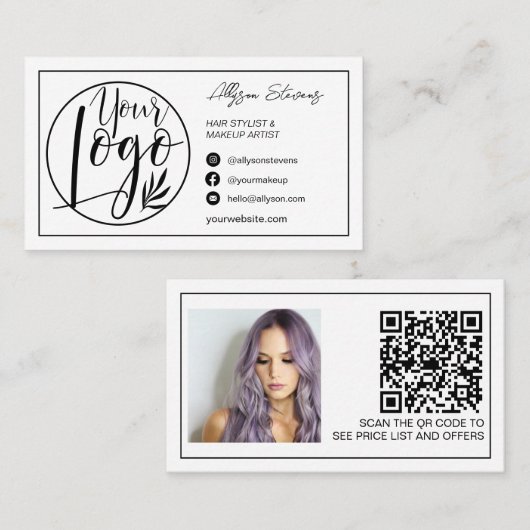 Rand zwarte witte haarmake-up foto logo qcode visitekaartje (Voorkant / Achterkant)