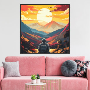 Randonneur de montagne au coucher du soleil Toile 