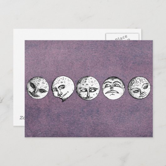Rangée de visages lune sur carte postale violette (Devant / Derrière)