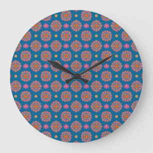 Rangoli Bloemen en Polka Dots op Blauwe Wandklok Grote Klok