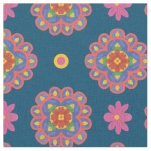 Rangoli Bloemen, Stippen op Blauwe Stof op Maat