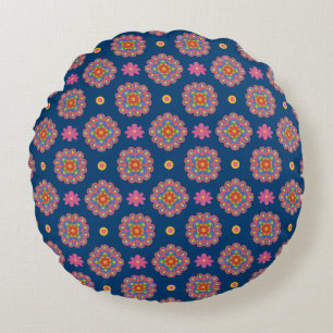 Rangoli, Fleurs, Pois, Coussin rond bleu