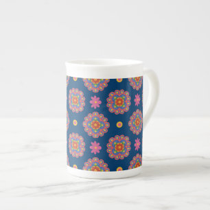 Rangoli Fleurs Pois sur Blue Bone China Mug