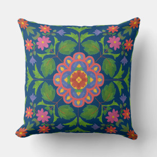 Rangoli floral Motif bleu profond Coussin ou couss