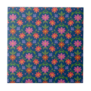 Rangoli Flowers, Polka Dots on Blue Ceramic Tile Tegeltje