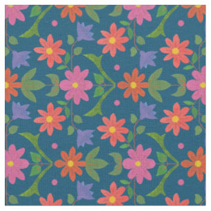 Rangoli Flowers, Polka Dots on Blue Custom Fabric Stof