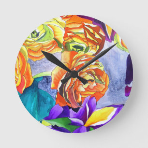 Ranunculus en Iris waterverf art Ronde Klok