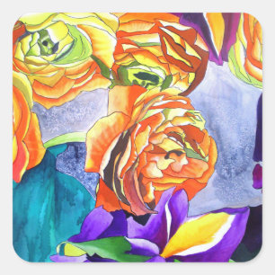 Ranunculus en Iris waterverf art Vierkante Sticker