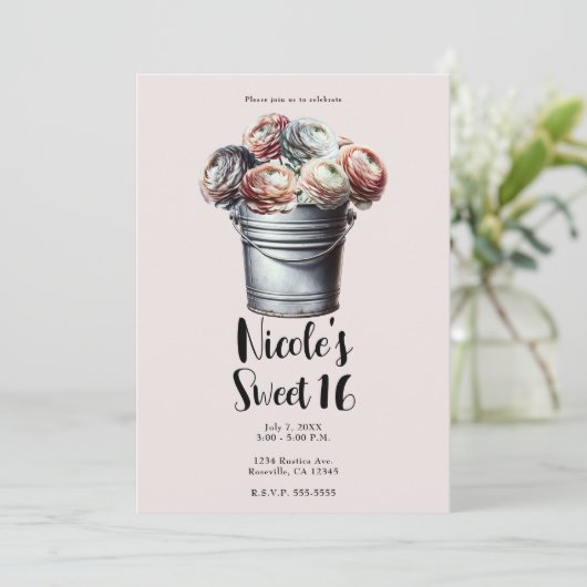 Ranunculus in Tin Pail Rustiek Glam Roze Zoet 16 Kaart (Staand voorkant)