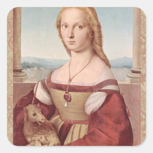 Raphael Lady en Unicorn Classic Vierkante Sticker (Voorkant)
