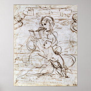Raphael - Madonna en kind lezen in een landschap.. Poster