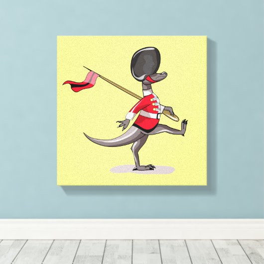 Raptor verkleedde zich als een Britse garde. Canvas Afdruk (Insitu (Houten vloer))