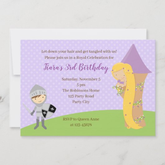 Rapunzel Anniversaire Invitation Chevalier Tour Ju (Devant)