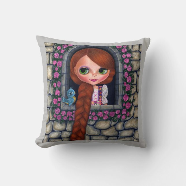 Rapunzel Big Eyes Girl Doll Cute Redhead Bluebird Kussen (Voorkant)