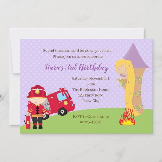 Rapunzel & Firefighter Invitation d'anniversaire (Devant)