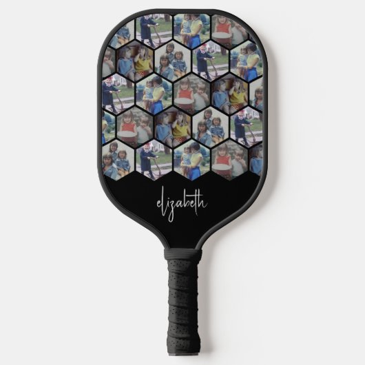 Raquette De Pickleball 5 Photo Collage - motif hexagone funky - nom (Recto)