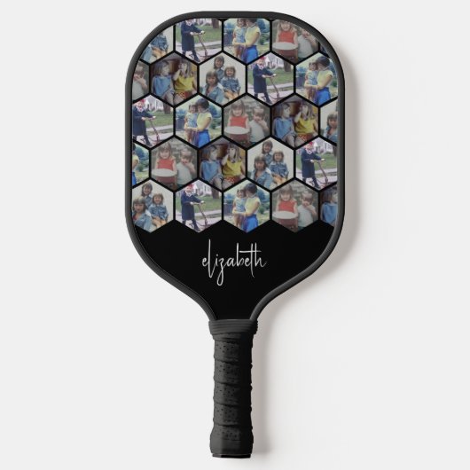 Raquette De Pickleball 5 Photo Collage - motif hexagone funky - nom (Verso)
