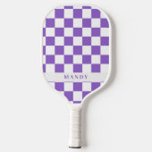 Raquette de Pickleball à damier violet avec nom pe (Verso)