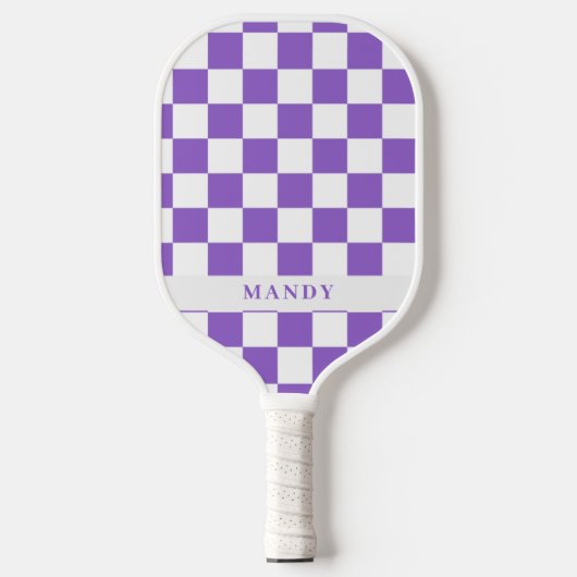 Raquette de Pickleball à damier violet avec nom pe (Recto)