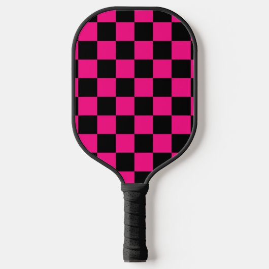 Raquette De Pickleball à damiers carré rose chaud noir rétro géométrique (Recto)