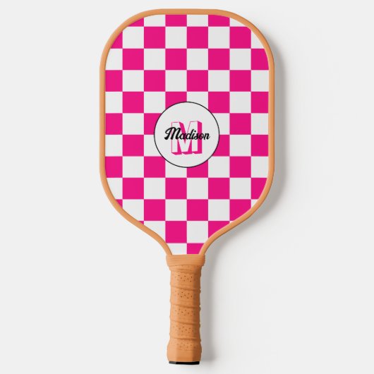 Raquette De Pickleball à damiers rose chaud blanc rétro Monogram (Verso)