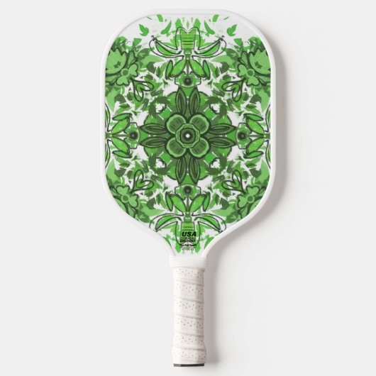 Raquette De Pickleball Abstract Floral Pattern In Black & Green On White (Recto)