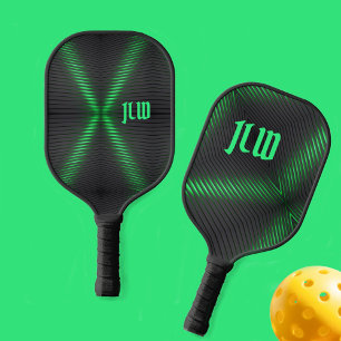 Raquette De Pickleball Abstrait à rayures vertes et noires avec initial