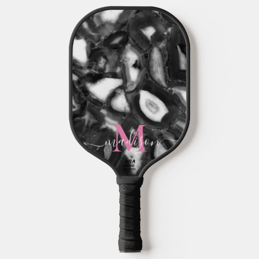 Raquette De Pickleball Abstrait Black White agates script de code monogra (Recto)