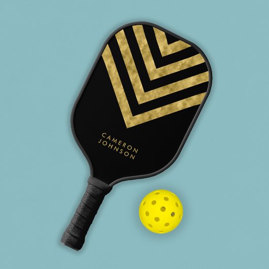 Raquette De Pickleball Add Name Black and Faux Gold Chevron