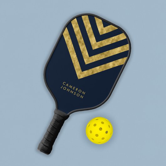 Raquette De Pickleball Ajouter le nom Dark Blue et Faux Gold Chevron