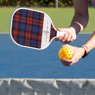 Raquette De Pickleball Ajouter le nom Elegant Monogramme Plaid Rustic Tar