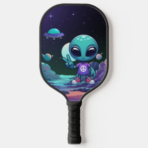 Raquette De Pickleball Alien de paix mignon et vaisseau spatial