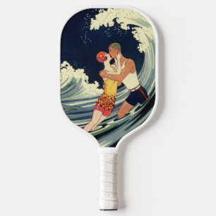 Raquette De Pickleball Amants Art Déco vintage s'embrassent dans les vagu