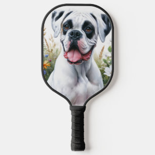 Raquette De Pickleball Amusant chien de boxe blanc au milieu des fleurs