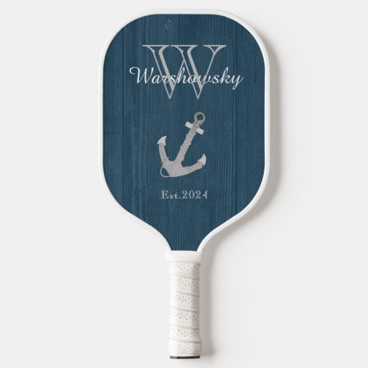 Raquette De Pickleball Ancre bleu marine en bois rustique Monogramme (Recto)