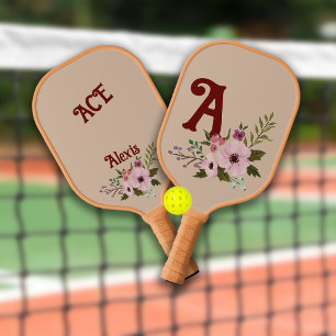 Raquette De Pickleball Antique Floral Personnalisé Nom du monogramme