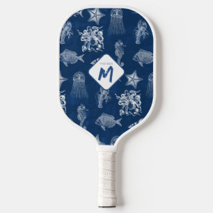 Raquette De Pickleball Aquarelle bleu marine Océan Animaux marins Monogra