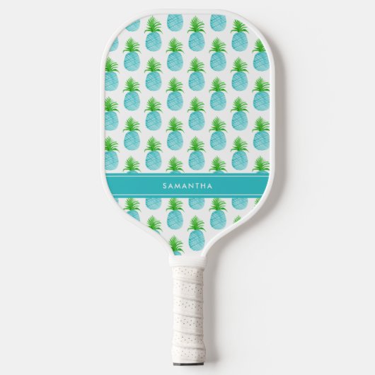Raquette De Pickleball Aquarelle bleu turquoise Ananas Nom personnalisé (Recto)